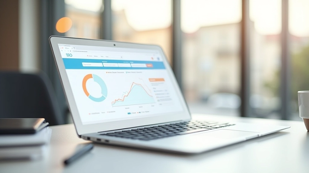 Profissional consultando estratégia de SEO em laptop moderno com gráficos de análise
